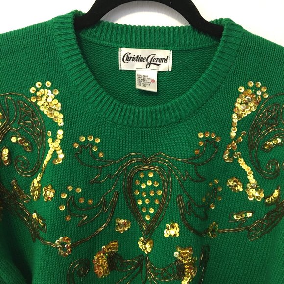 Vintage 80s Green Gold Sweater St Patricks Day Fighting Irish Beaded Sequins (BT - Picture 14 of 16